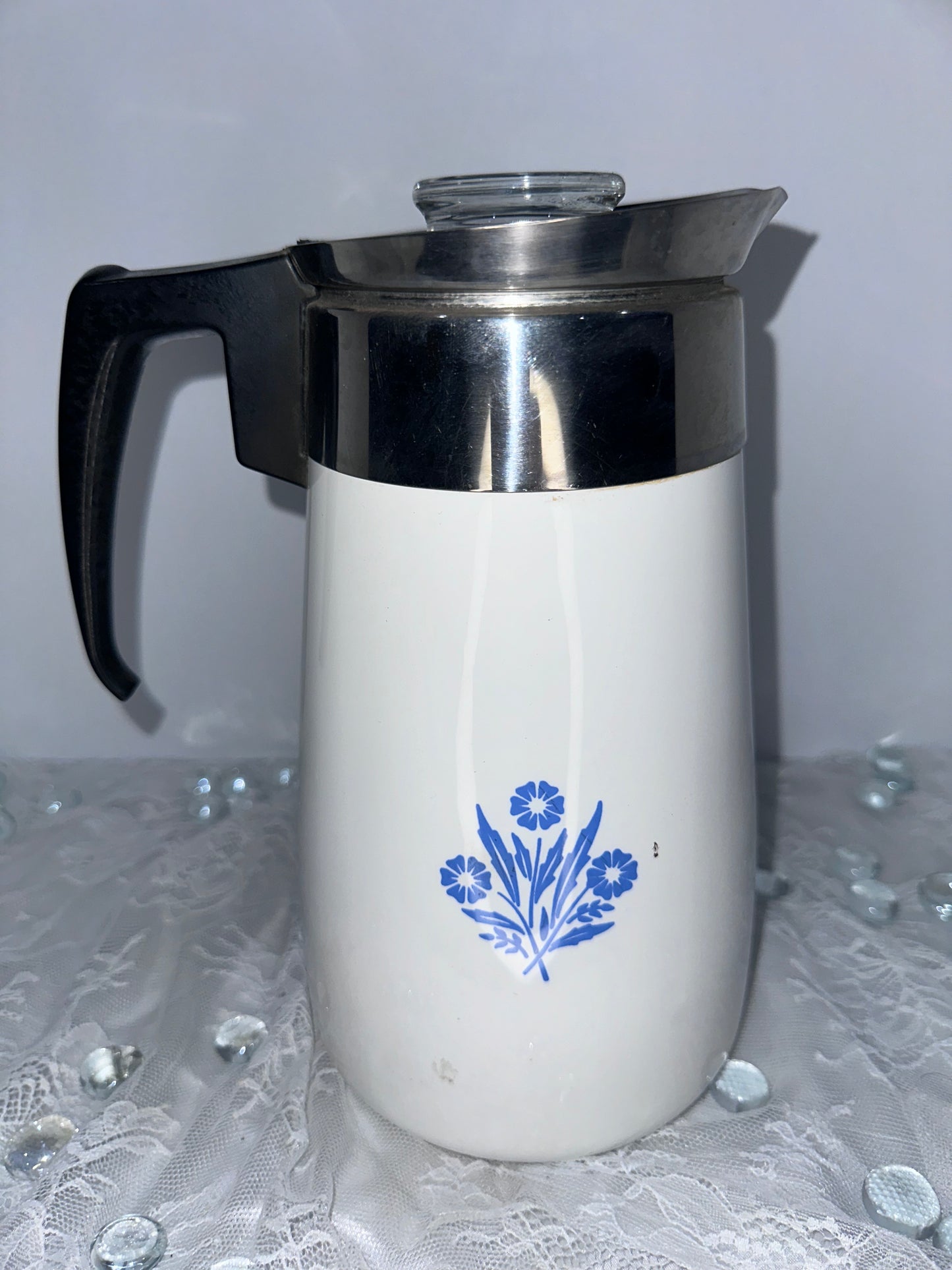Corning Ware Stovetop Percolator 9 Cup Complete Basket Lid Vintage Cornflower