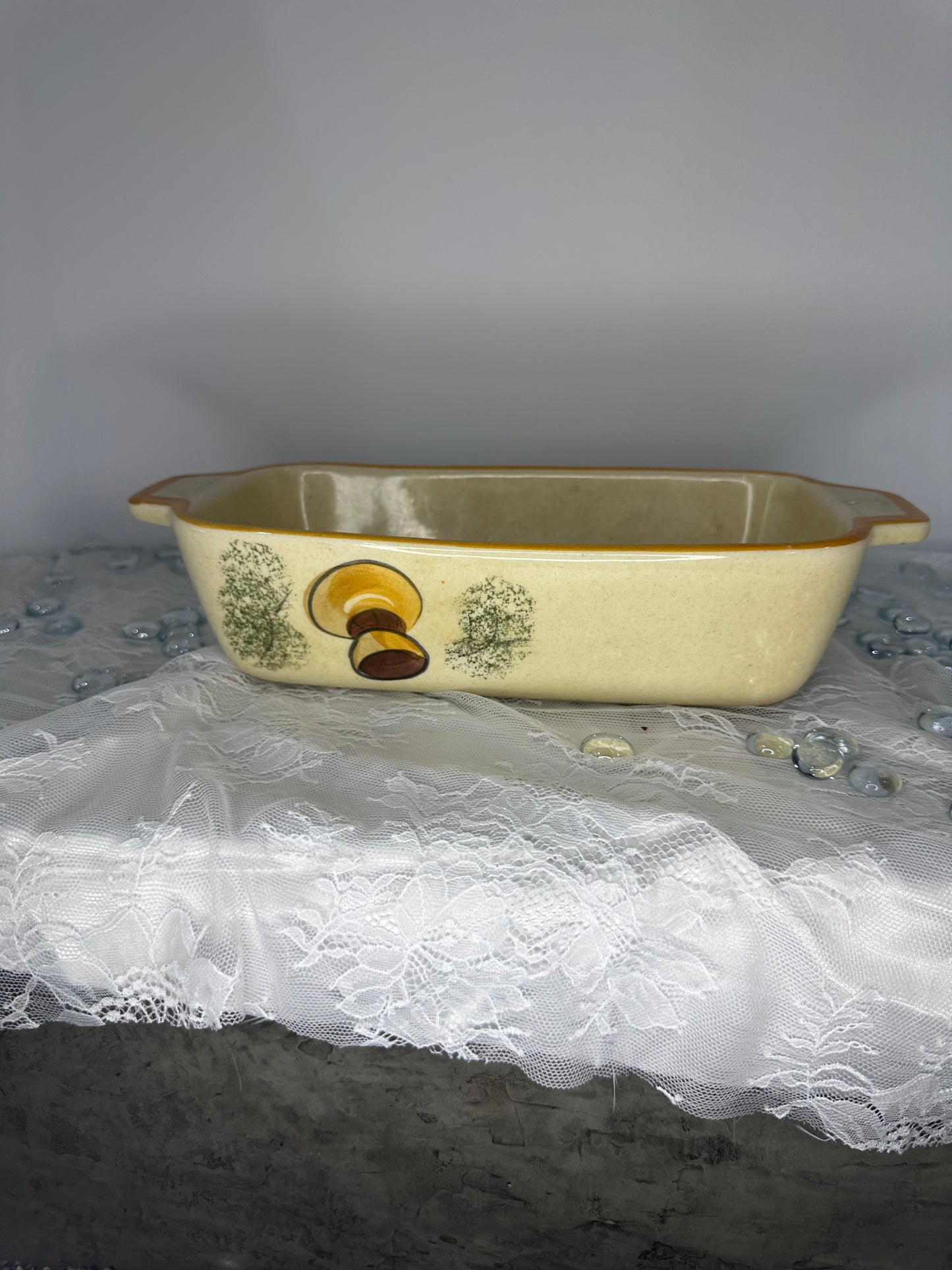 Vintage Los Angeles Potteries Yellow Mushroom Loaf Pan 1971 Ovenware