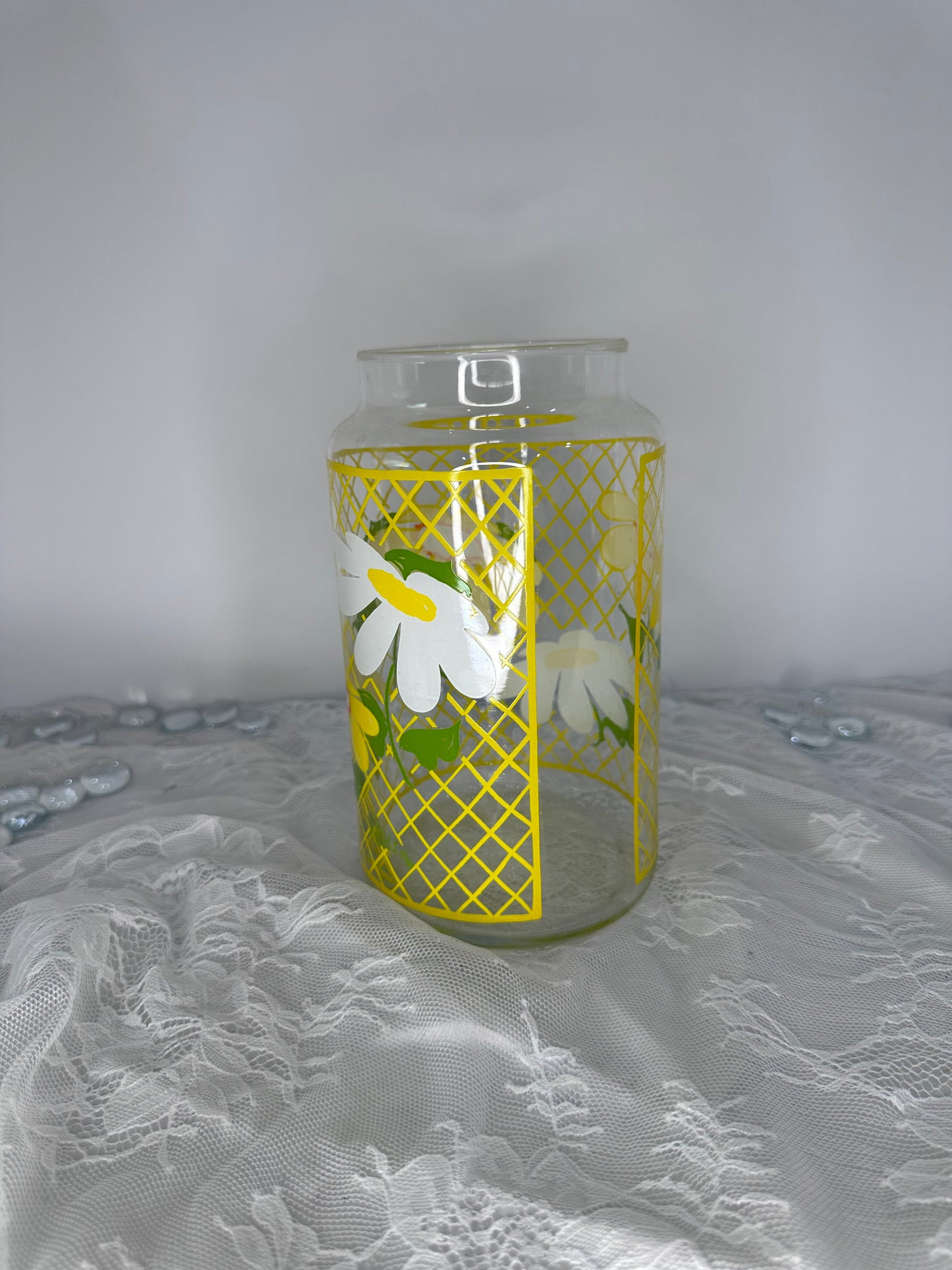 Vintage Anchor Hocking Glass Canister Yellow Daisy Flowers Hildi