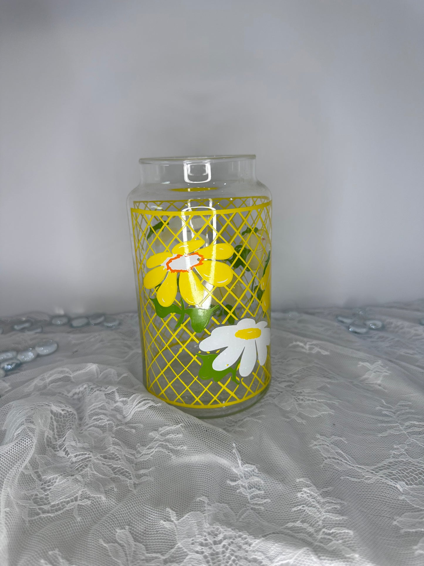 Vintage Anchor Hocking Glass Canister Yellow Daisy Flowers Hildi