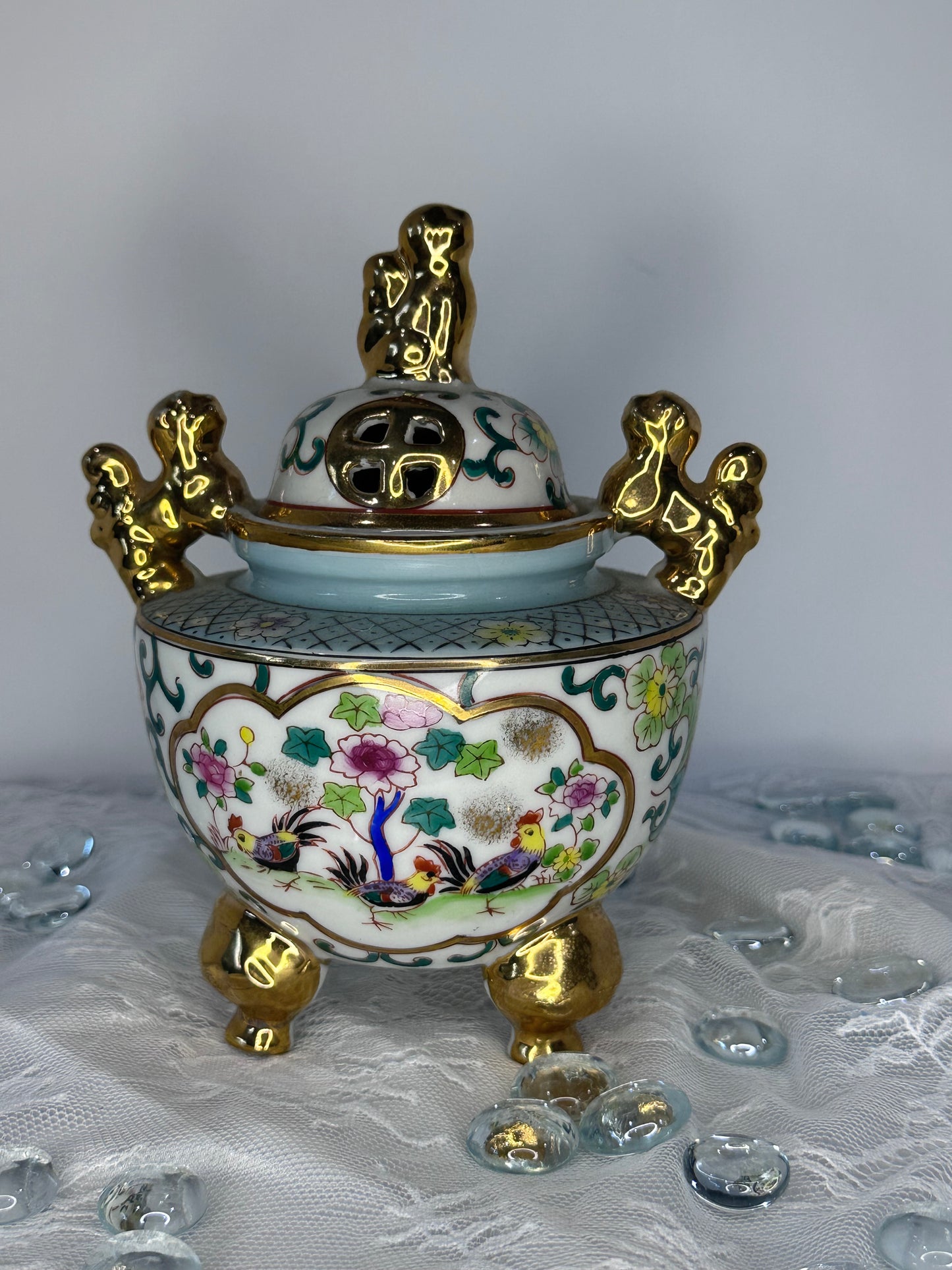 Vintage Incense burner with Lid Hand Painted Flowers