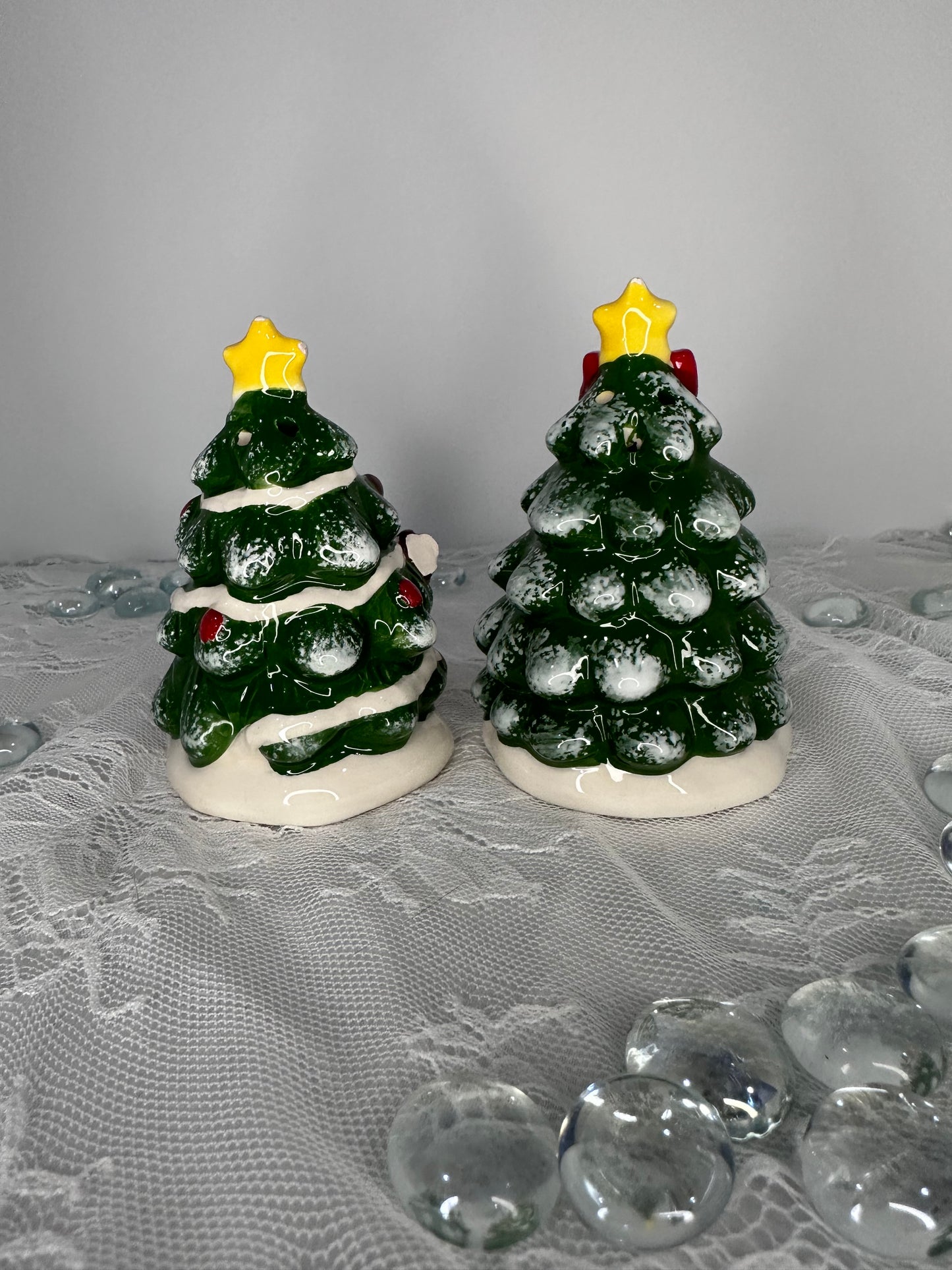 Vintage Christmas Tree Snowman and Reindeer Salt & Pepper Shakers Set