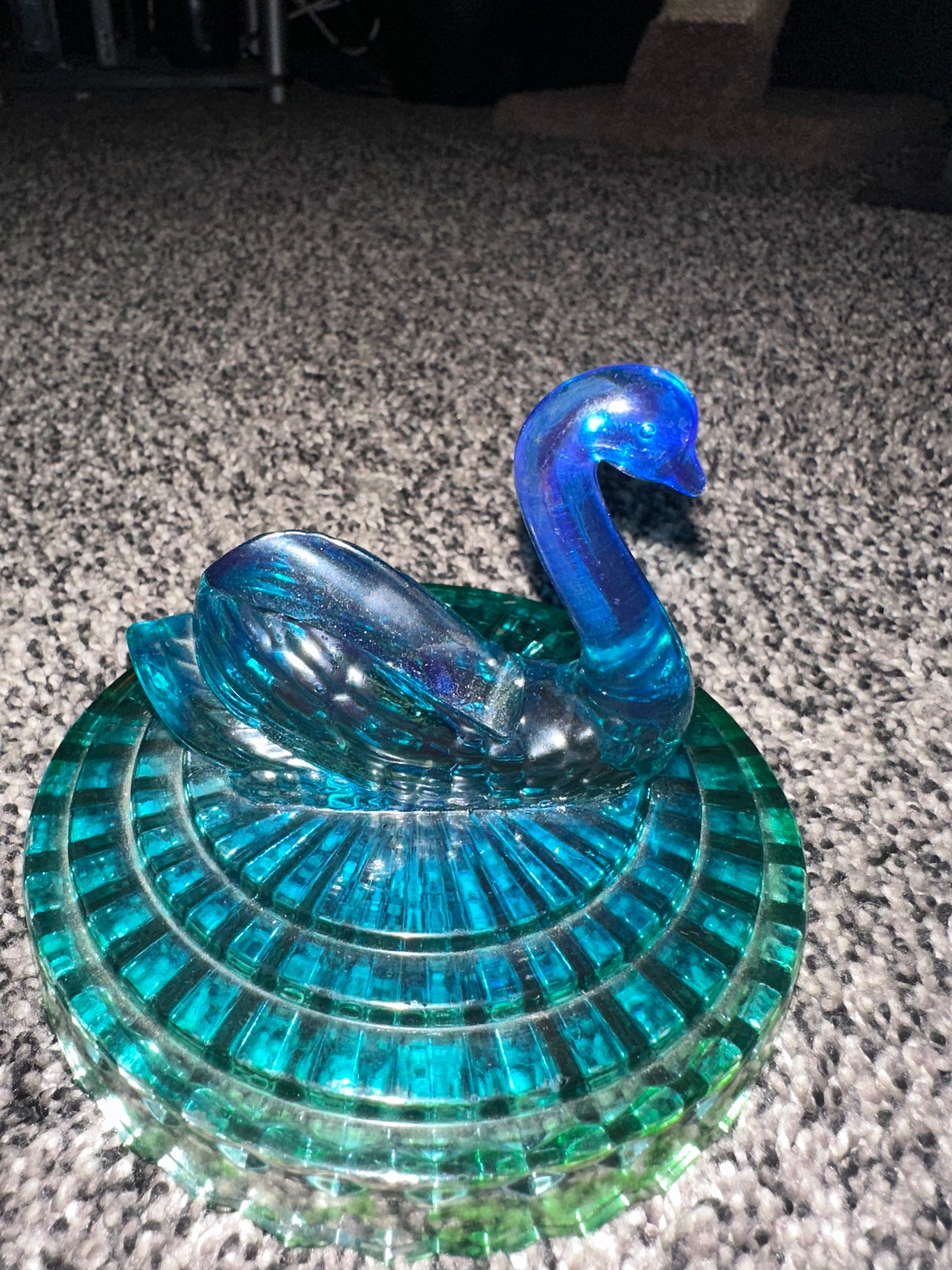 Vintage Jeannette Glass Blue Green Swan Covered Powder Jar