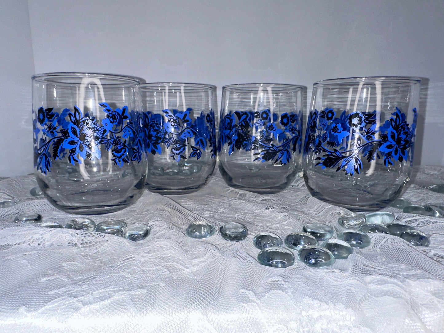 Royal Norfolk Royal Blue Navy White Floral Short Juice Drinking Glasses (4)