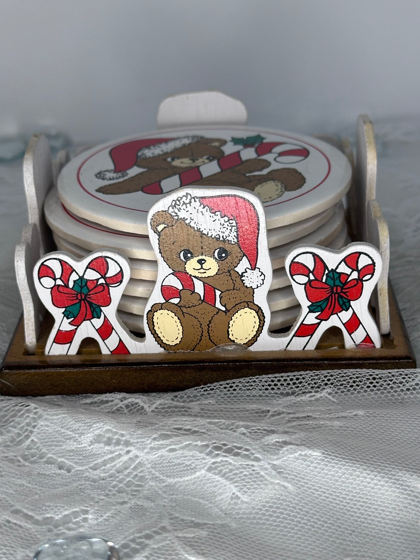 1988 House of Lloyd Teddy Bear Coaster Set of 6 Teddy Bear Coaster with Wooden Crate