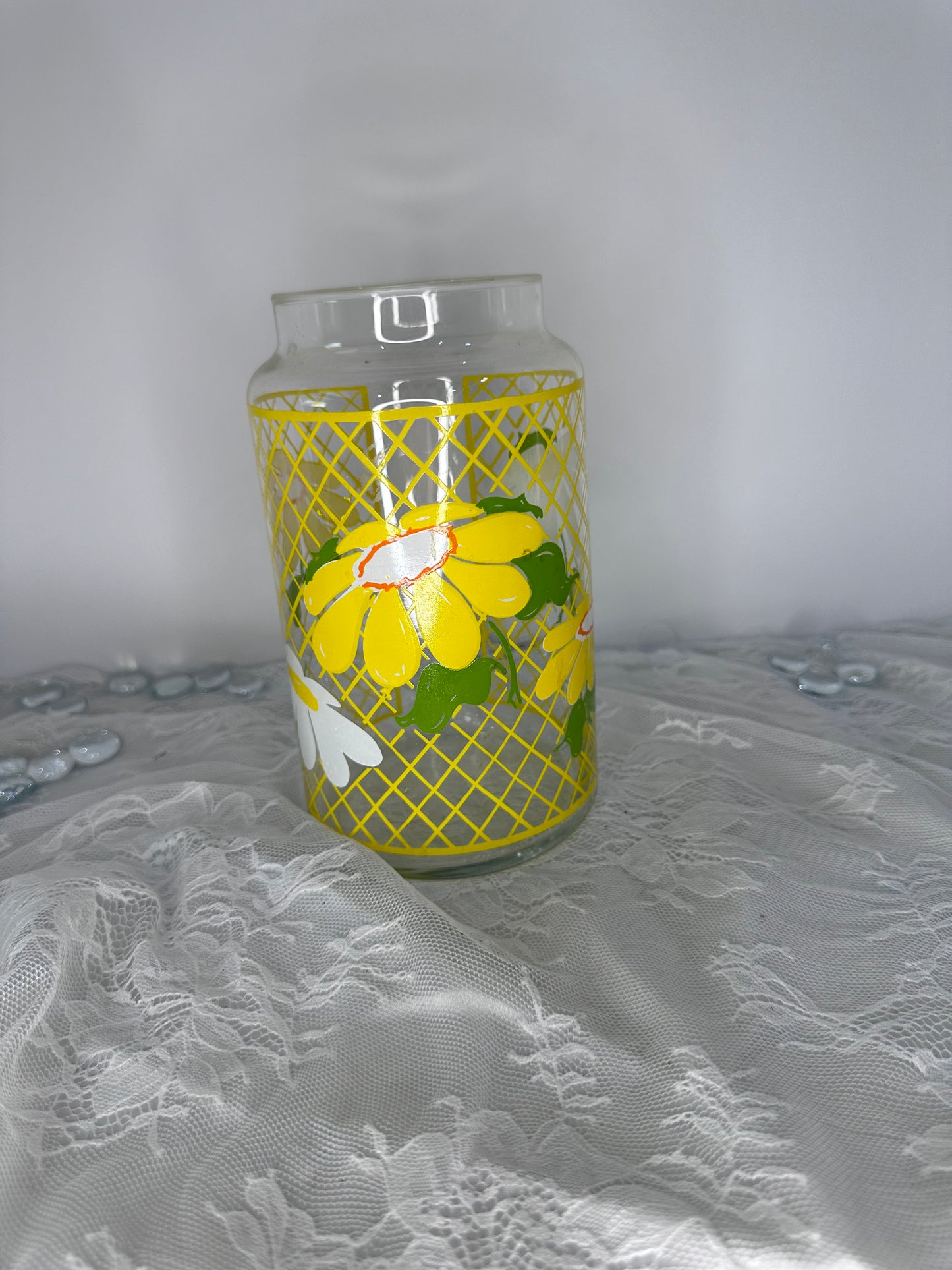 Vintage Anchor Hocking Glass Canister Yellow Daisy Flowers Hildi