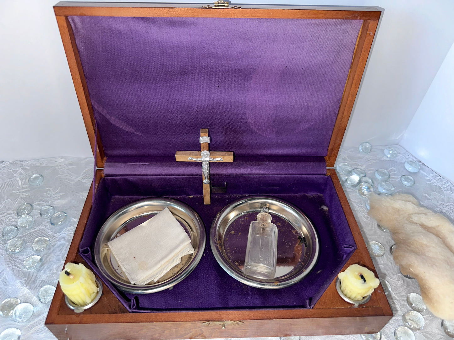 Vintage Last Rites Sick Call Set Catholic Priest Hinged Wooden Box Traveling