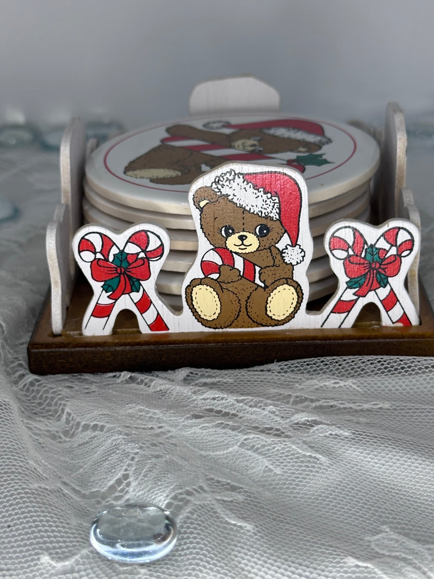 1988 House of Lloyd Teddy Bear Coaster Set of 6 Teddy Bear Coaster with Wooden Crate