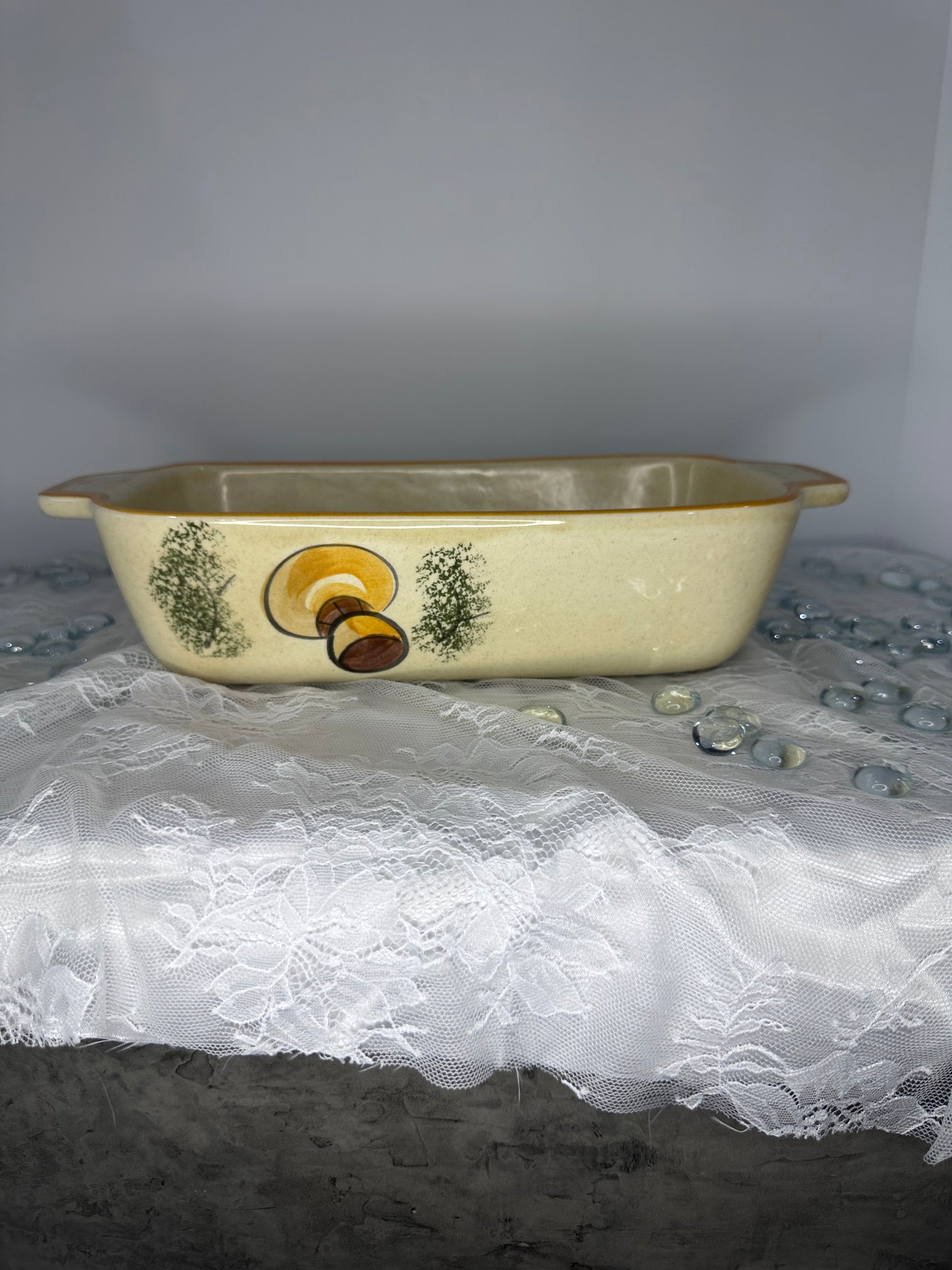 Vintage Los Angeles Potteries Yellow Mushroom Loaf Pan 1971 Ovenware