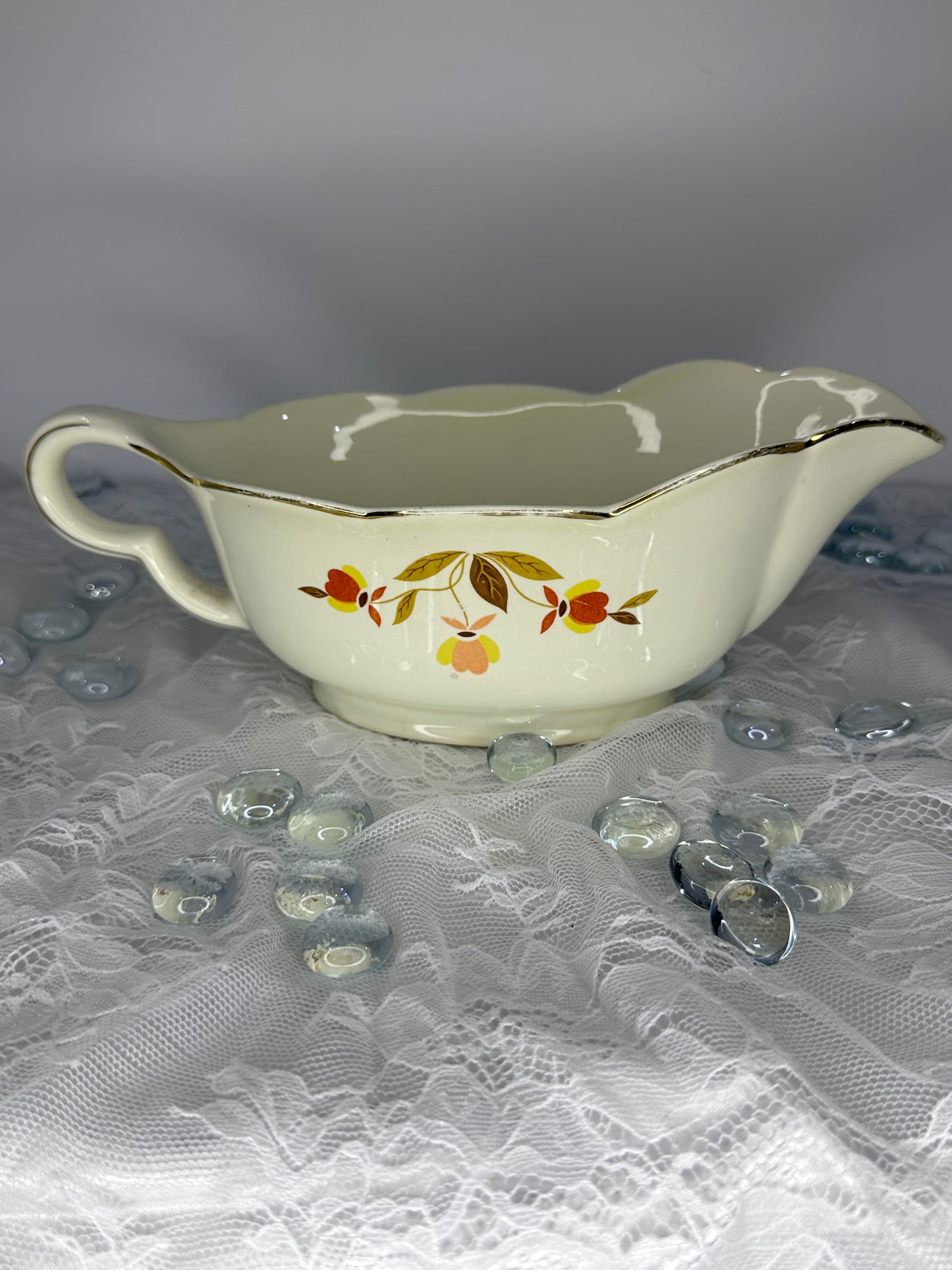 Vintage Hall Jewel Tea Autumn Leaf Gravy Boat Vintage 9 1/2"