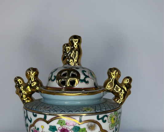 Vintage Incense burner with Lid Hand Painted Flowers