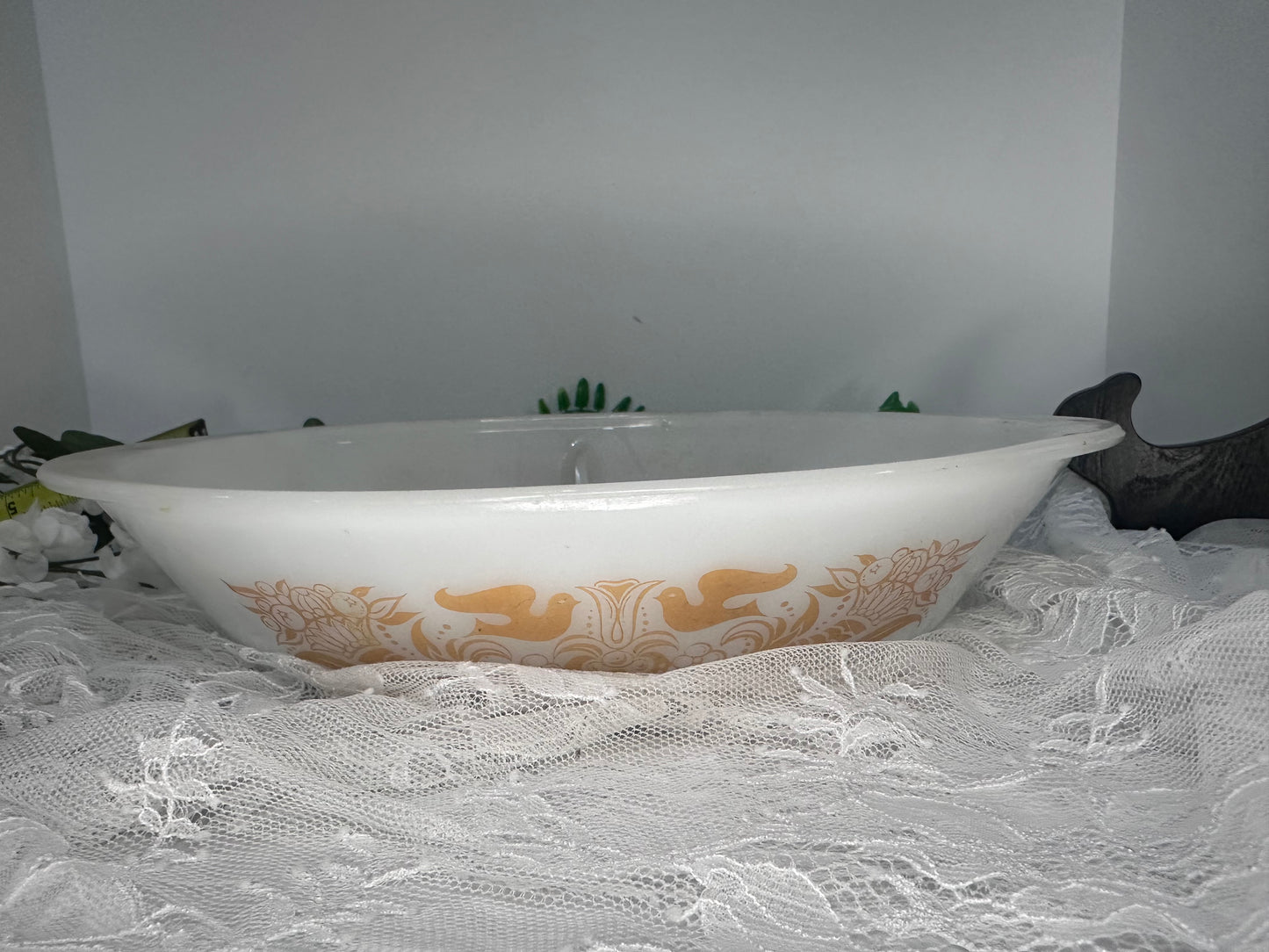 Glasbake Love Birds J-2352 Peach Oval Divided Casserole Dish