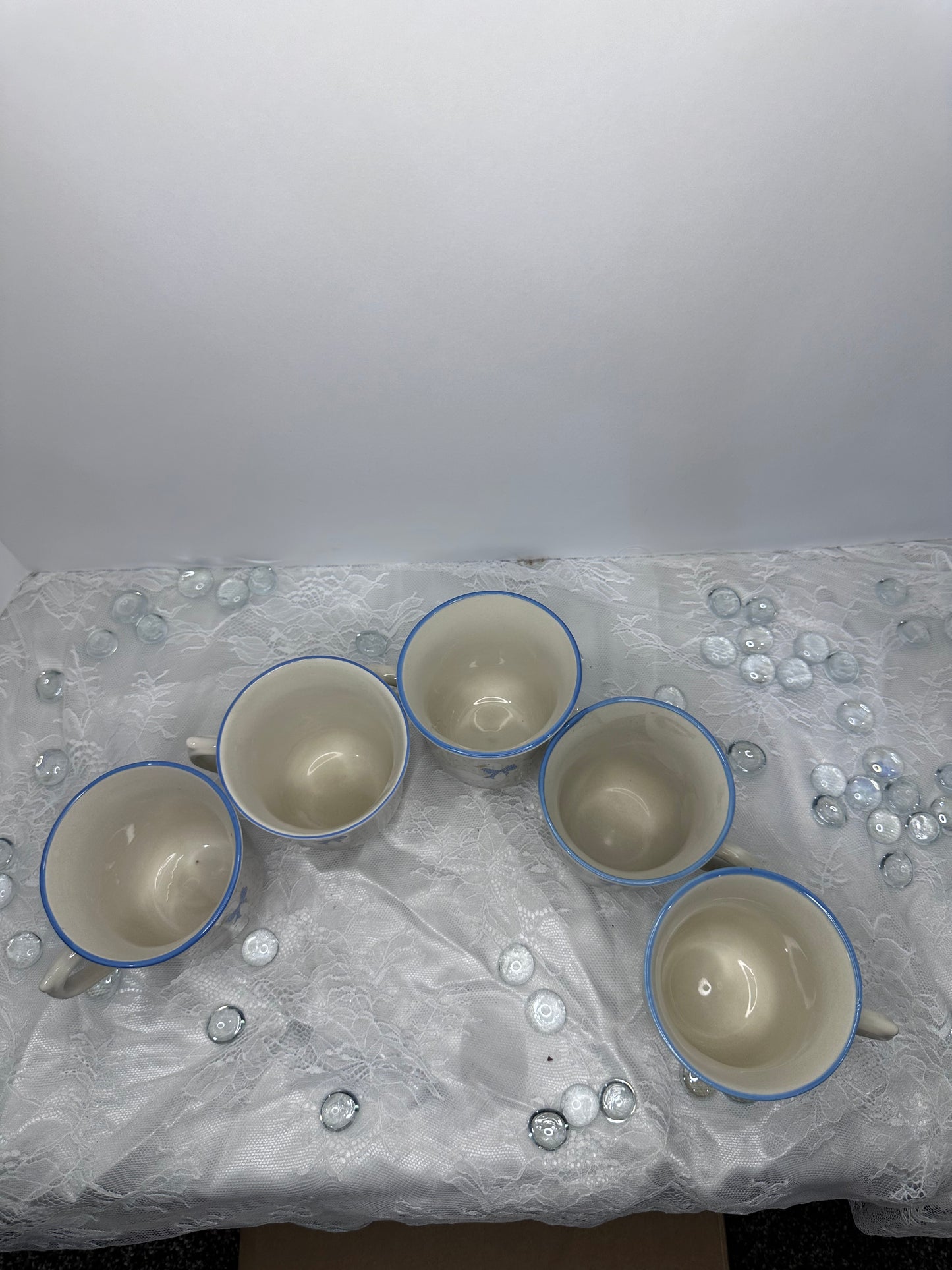 Set of 5 Vintage Aunt Rhody Blue Goose Brickoven Stoneware Mugs Coffee Tea Cups