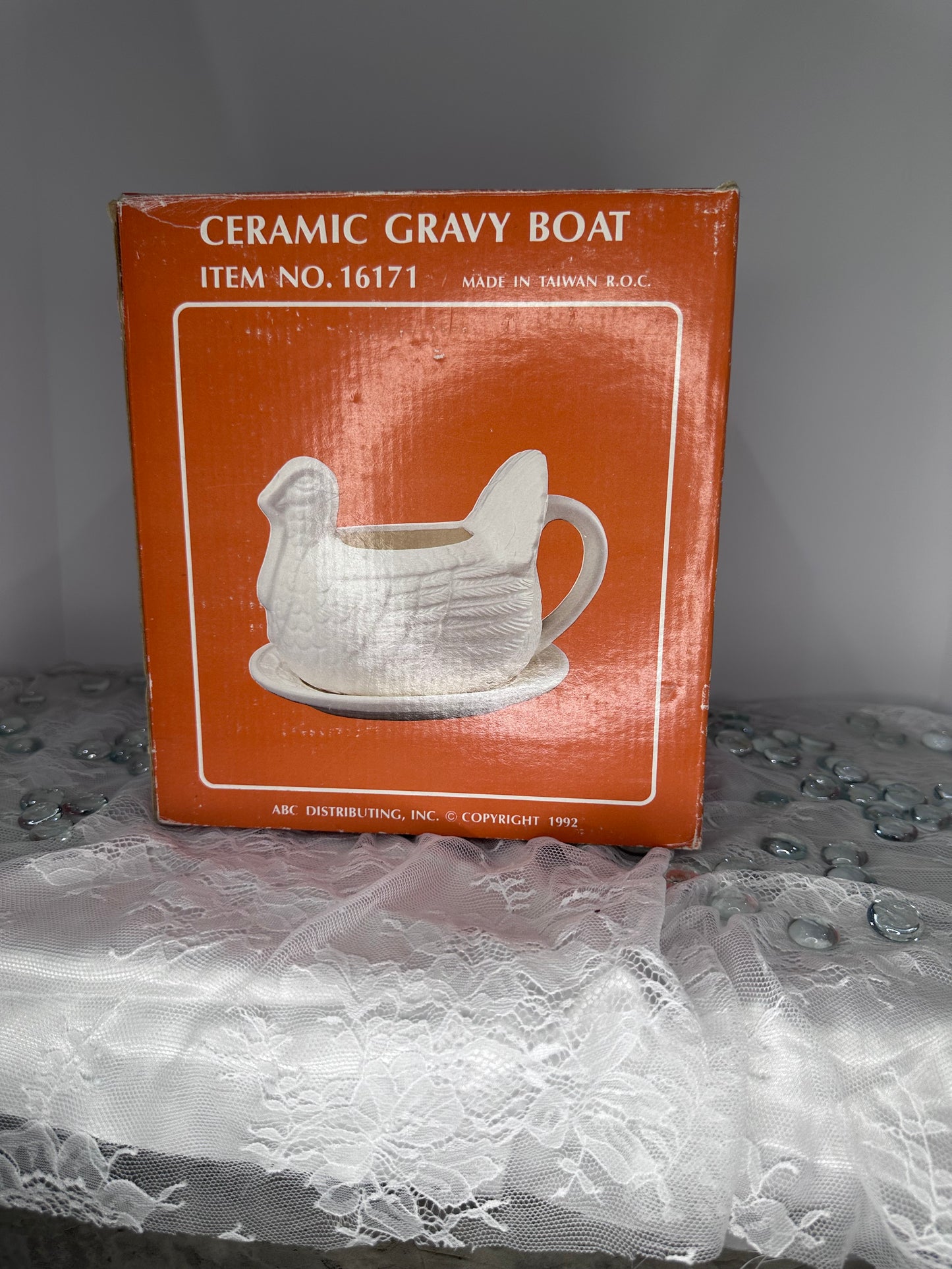 Vintage White Ceramic Turkey Gravy Boat with Plate