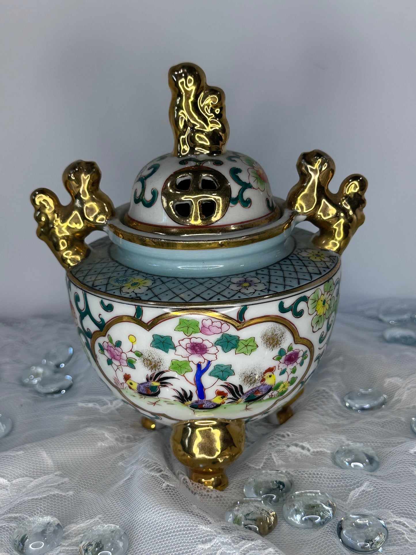 Vintage Incense burner with Lid Hand Painted Flowers