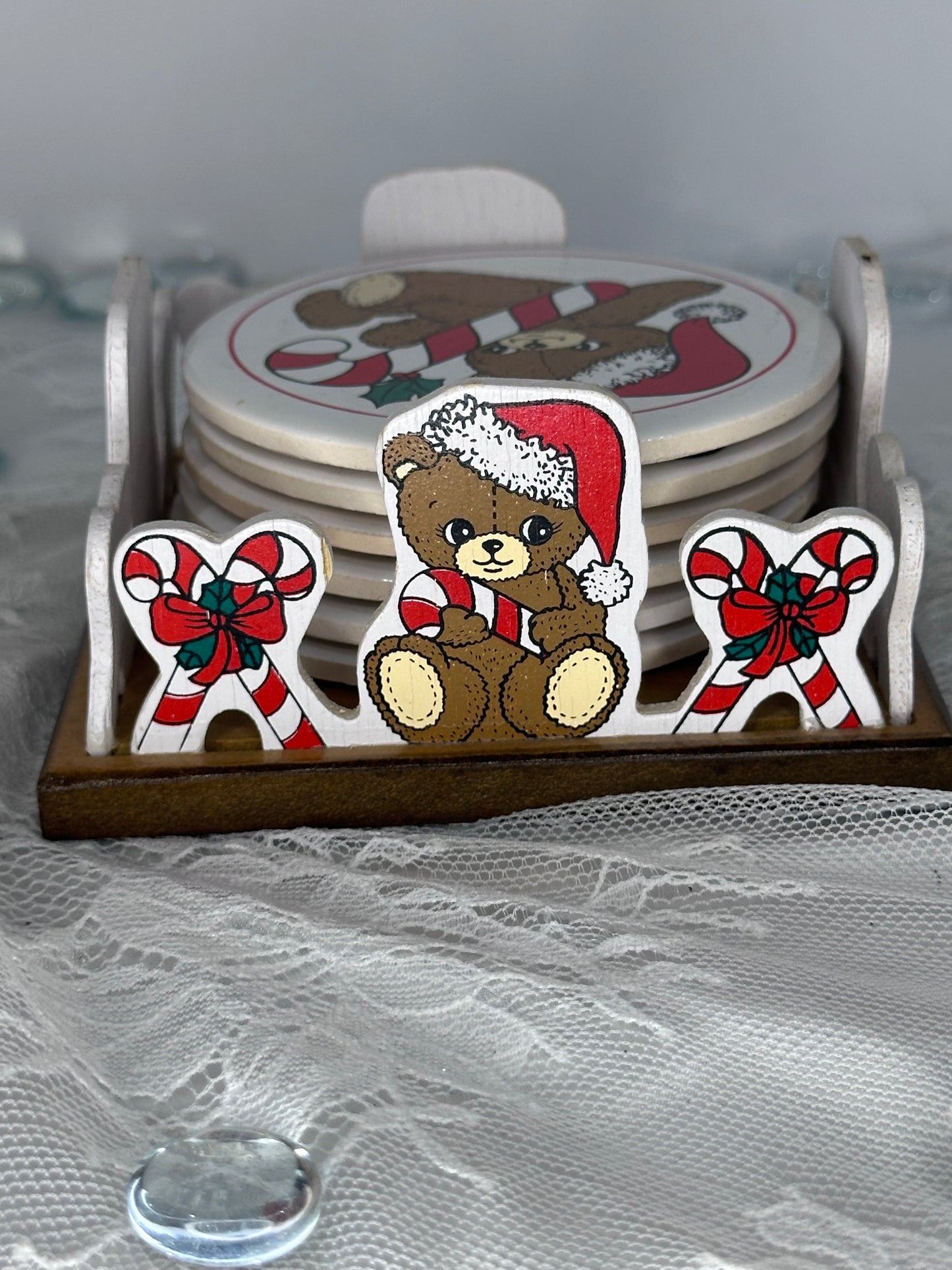 1988 House of Lloyd Teddy Bear Coaster Set of 6 Teddy Bear Coaster with Wooden Crate