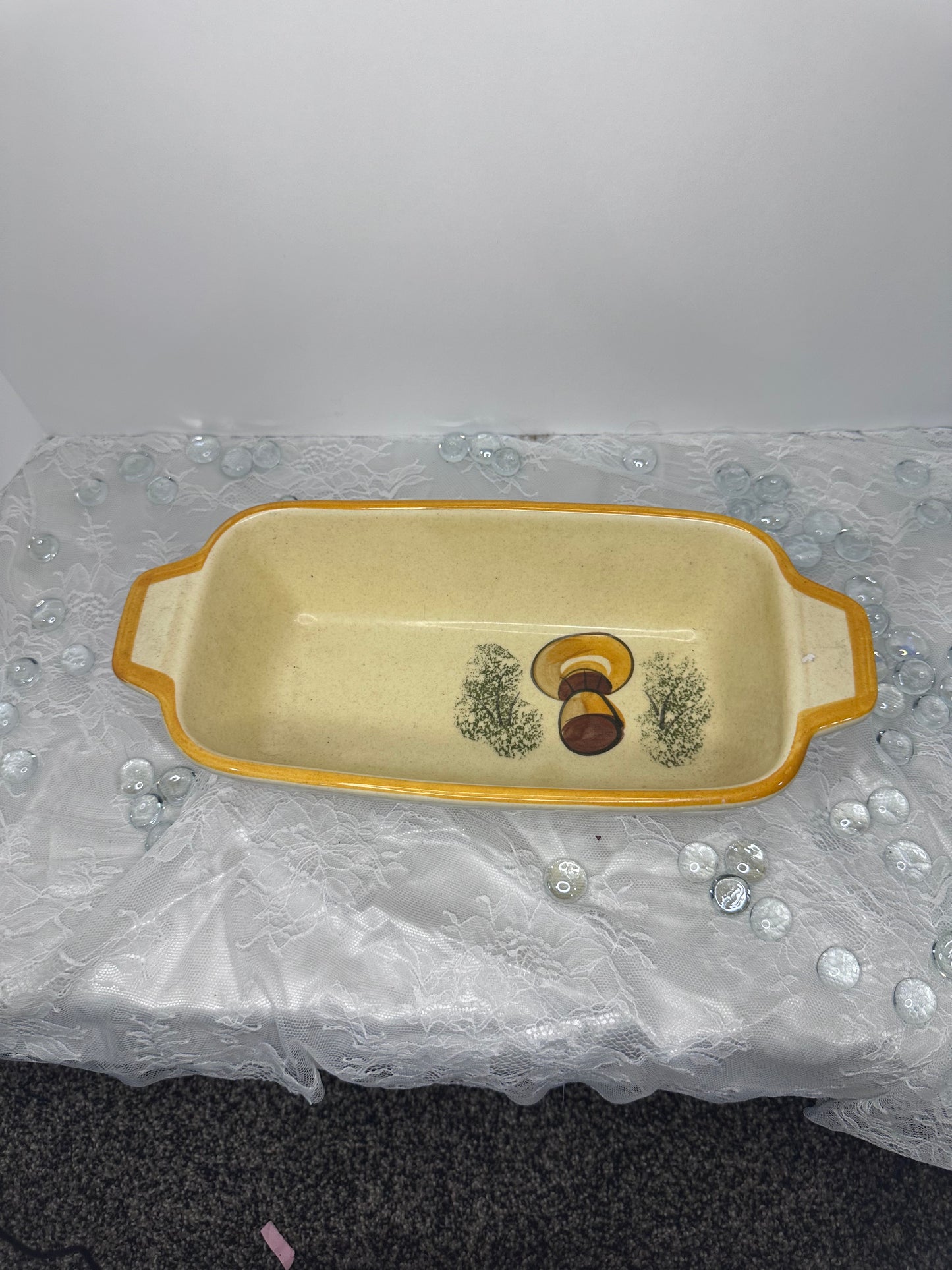 Vintage Los Angeles Potteries Yellow Mushroom Loaf Pan 1971 Ovenware