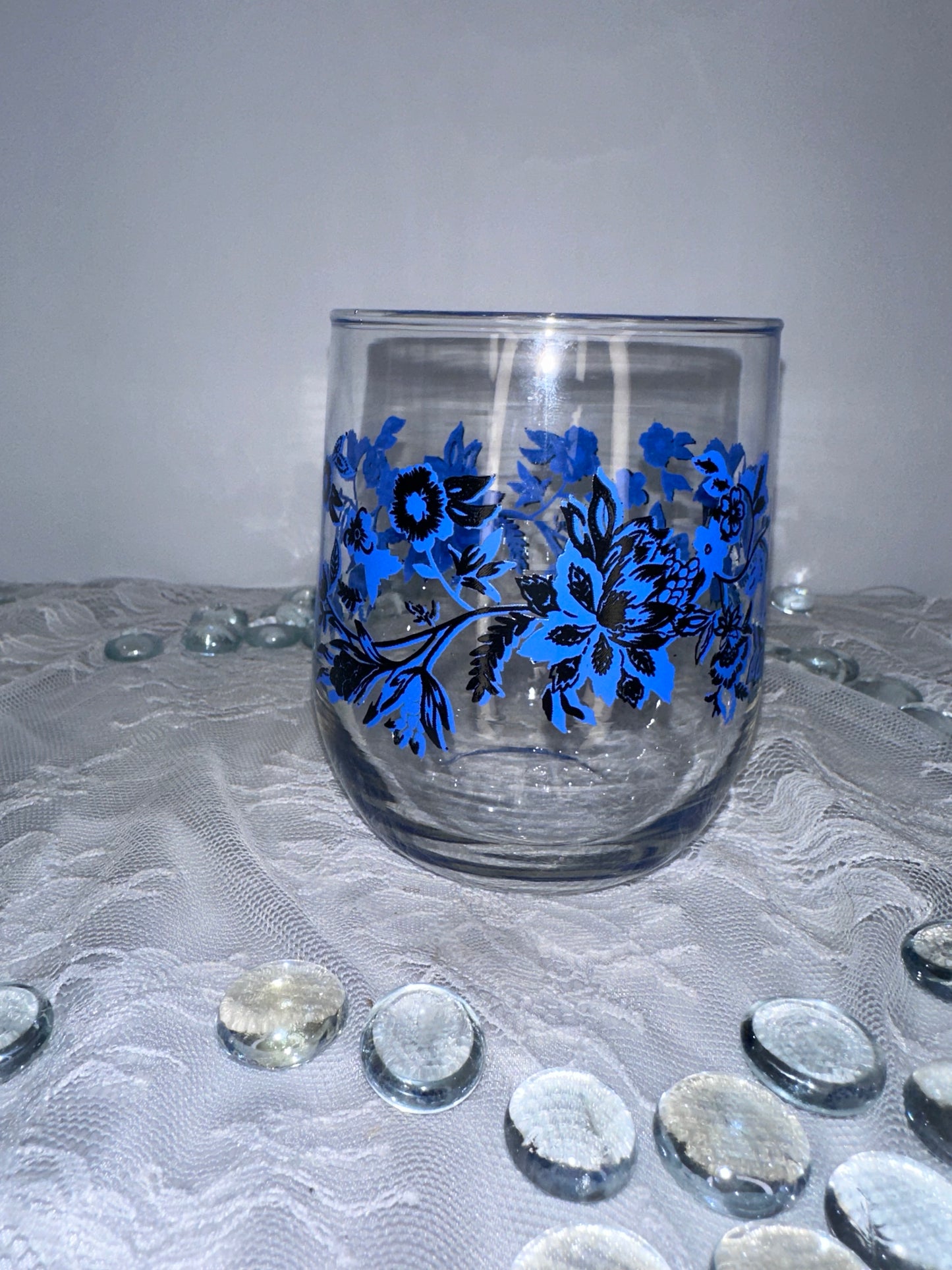 Royal Norfolk Royal Blue Navy White Floral Short Juice Drinking Glasses (4)