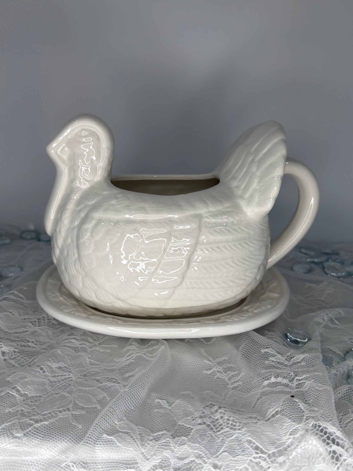 Vintage White Ceramic Turkey Gravy Boat with Plate