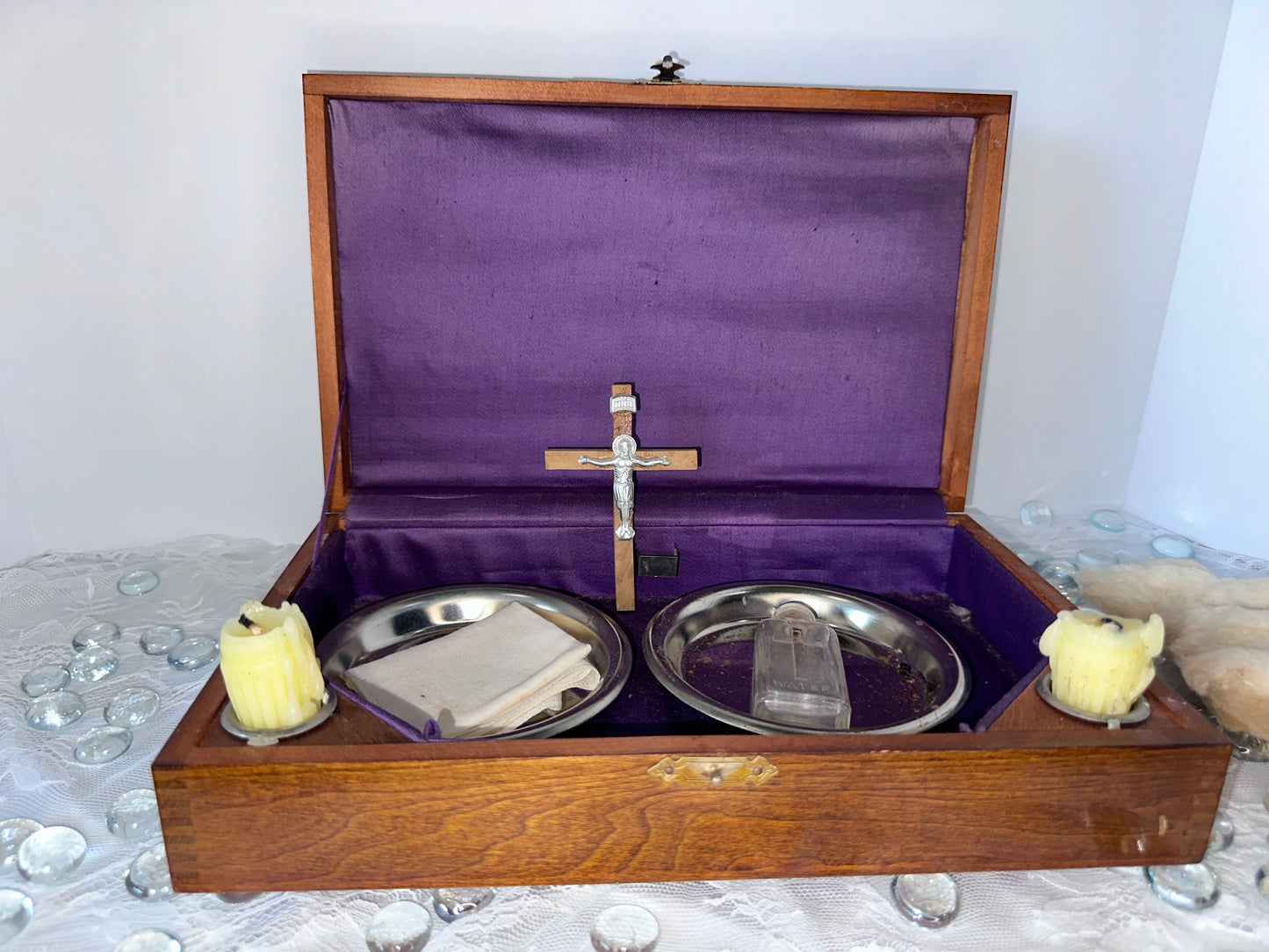 Vintage Last Rites Sick Call Set Catholic Priest Hinged Wooden Box Traveling