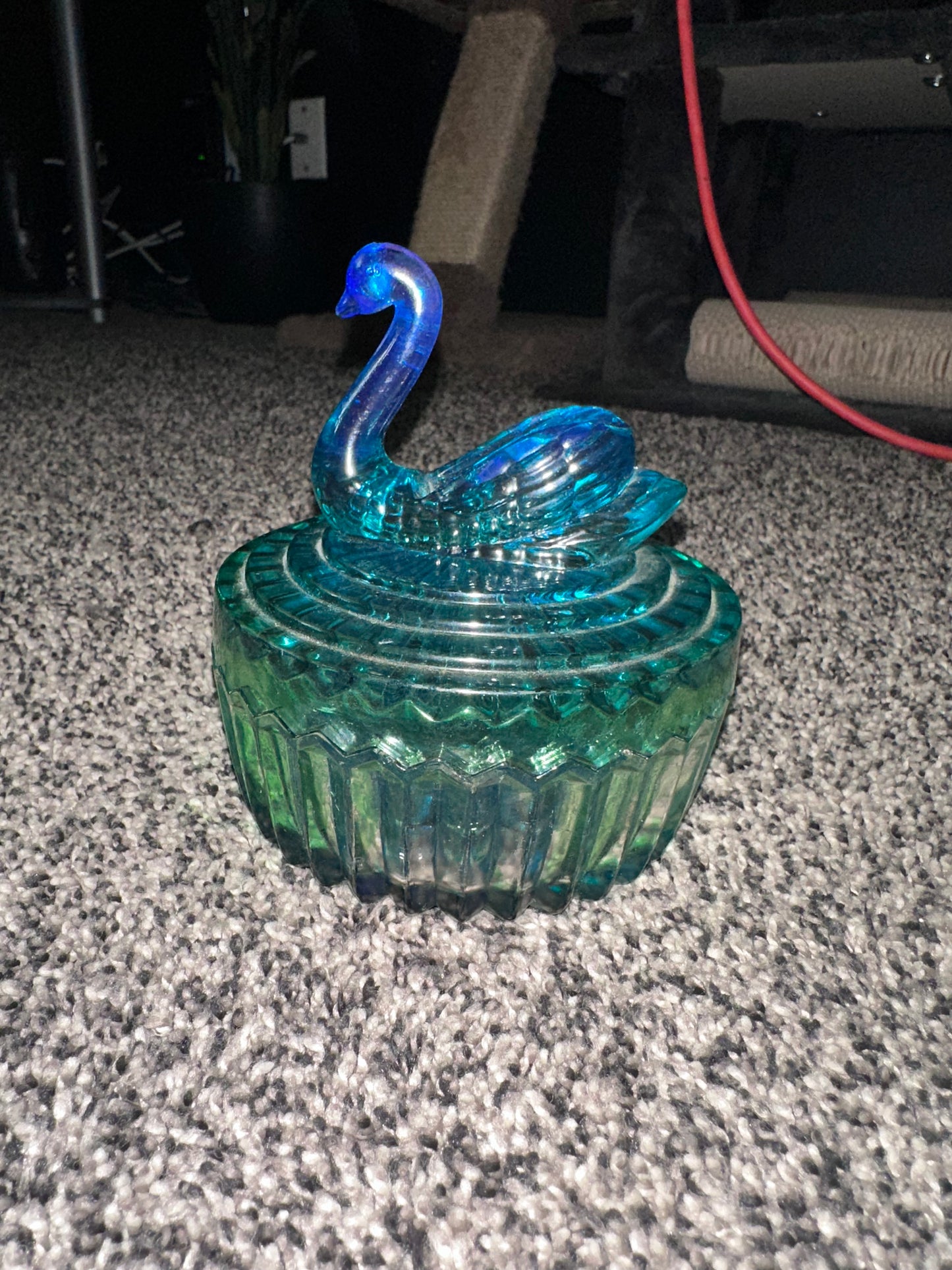 Vintage Jeannette Glass Blue Green Swan Covered Powder Jar