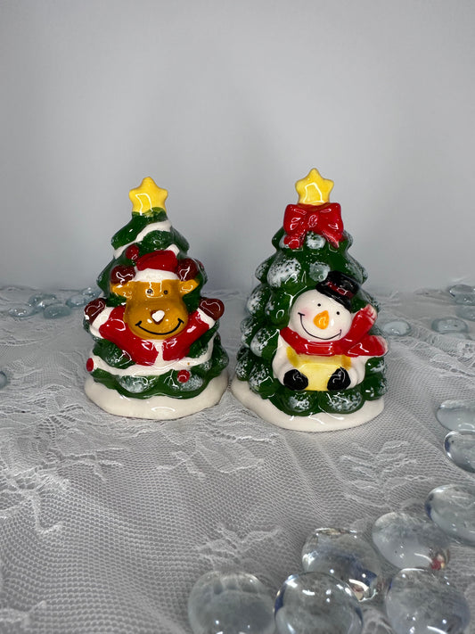 Vintage Christmas Tree Snowman and Reindeer Salt & Pepper Shakers Set