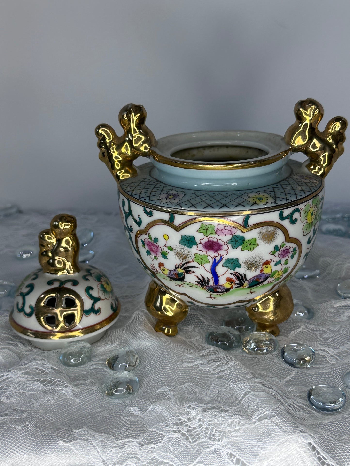 Vintage Incense burner with Lid Hand Painted Flowers