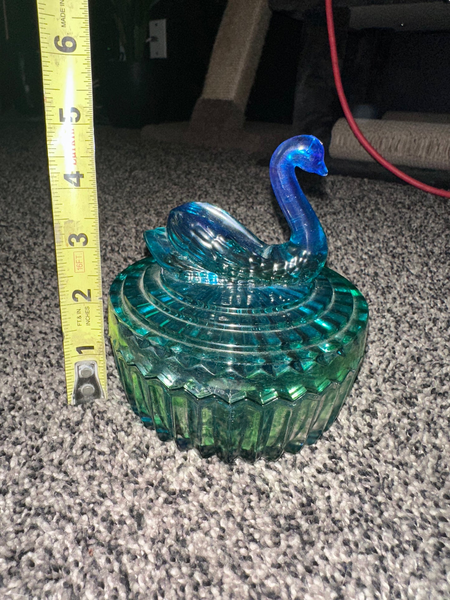 Vintage Jeannette Glass Blue Green Swan Covered Powder Jar