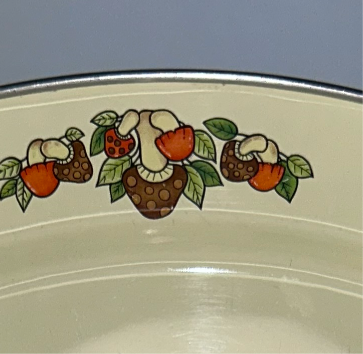 Vintage enamel platter with mushrooms