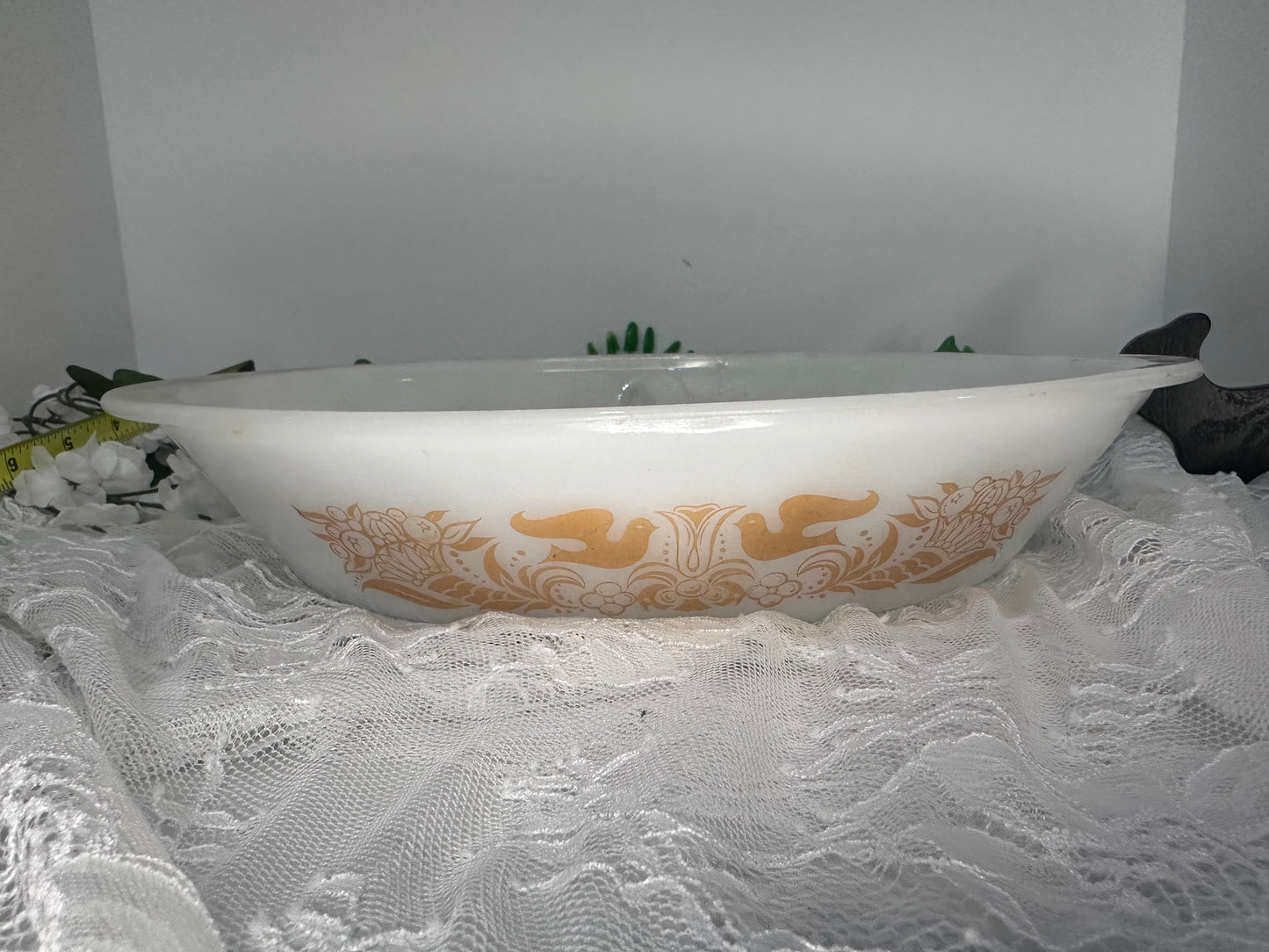 Glasbake Love Birds J-2352 Peach Oval Divided Casserole Dish
