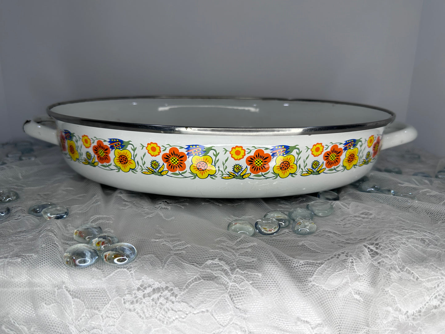 Vintage Enamel Ware Oval Roasting Pan Retro Floral Flowers