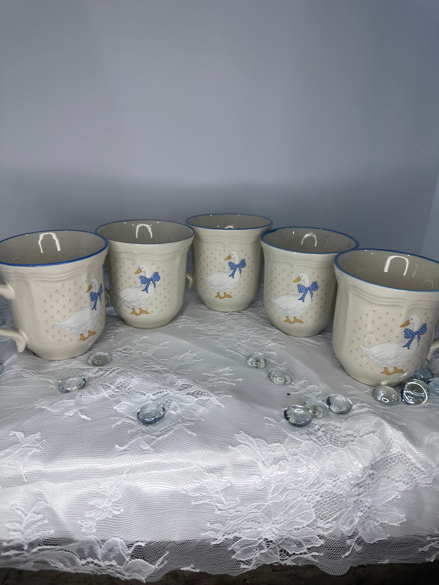Set of 5 Vintage Aunt Rhody Blue Goose Brickoven Stoneware Mugs Coffee Tea Cups