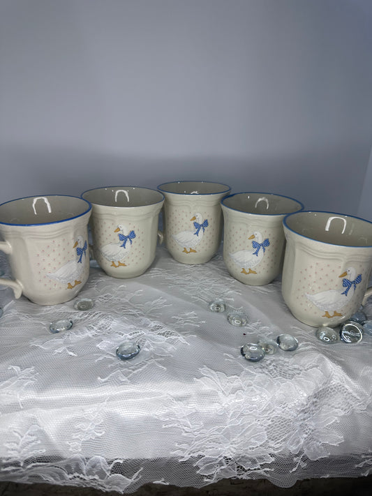 Set of 5 Vintage Aunt Rhody Blue Goose Brickoven Stoneware Mugs Coffee Tea Cups