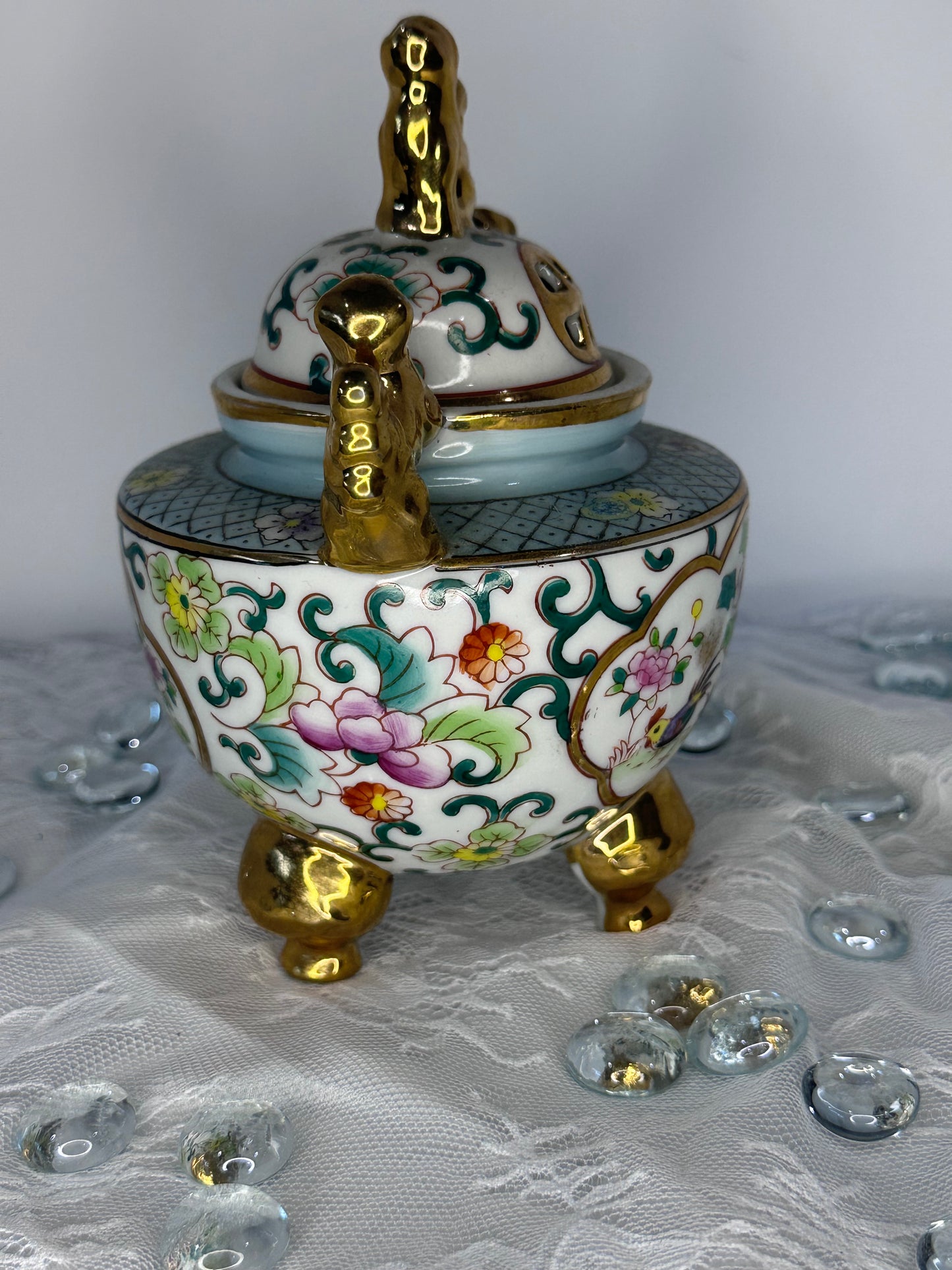 Vintage Incense burner with Lid Hand Painted Flowers