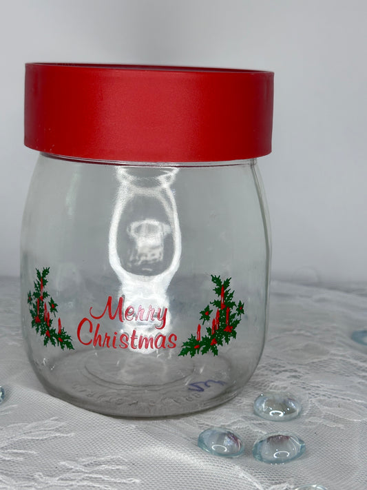 Vintage Carlton Merry Christmas Glass cookie Candy Treat Jar Canister 3/4 Liter with Lid Decor