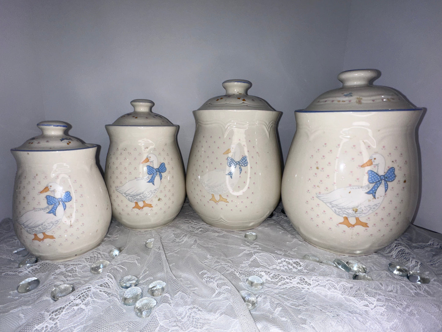 Tienshan Stoneware Aunt Rhody 4 Pc Canister Set Country Geese Design Ducks