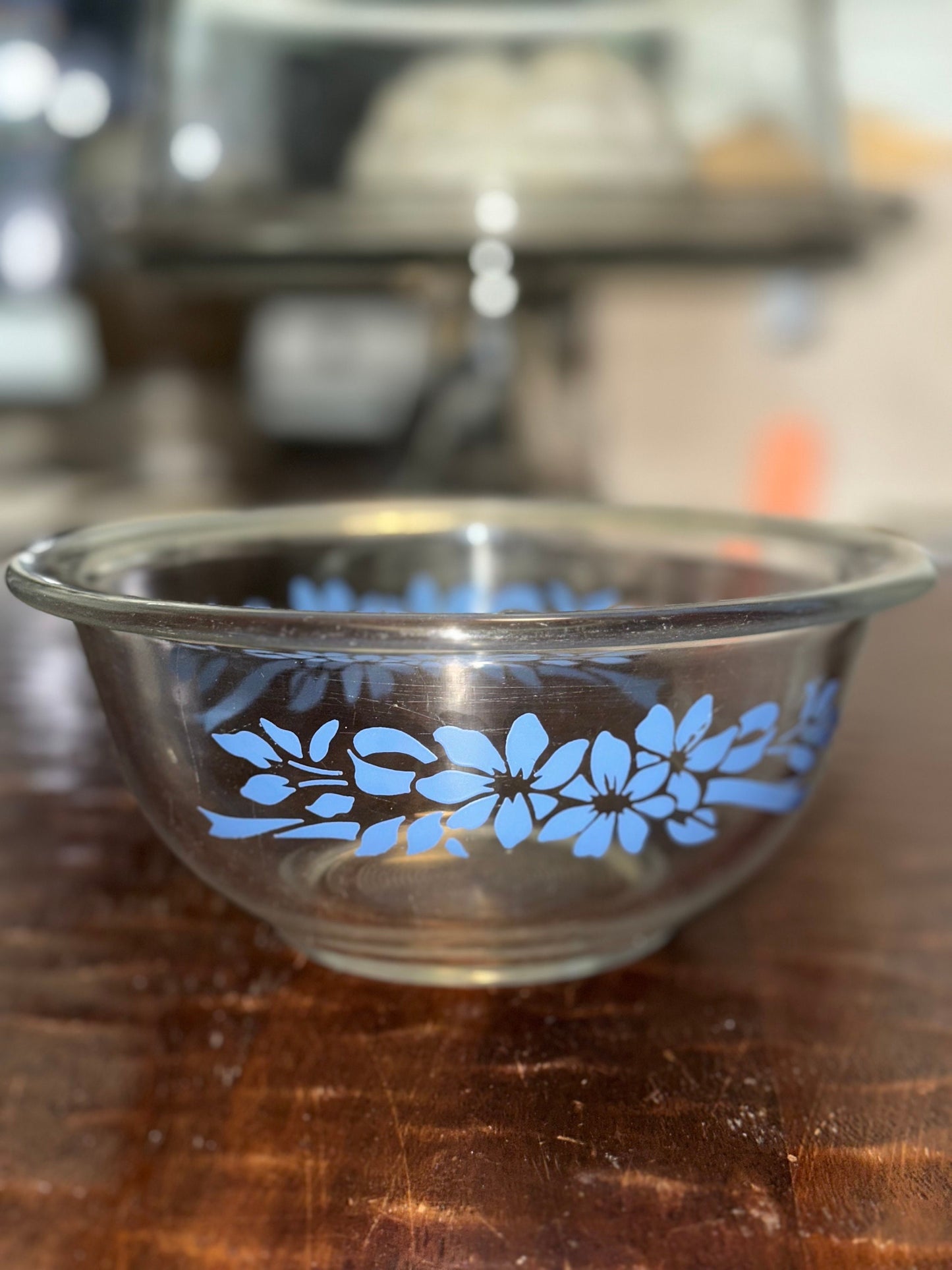 Vtg Pyrex Clear Glass with blue Flowers