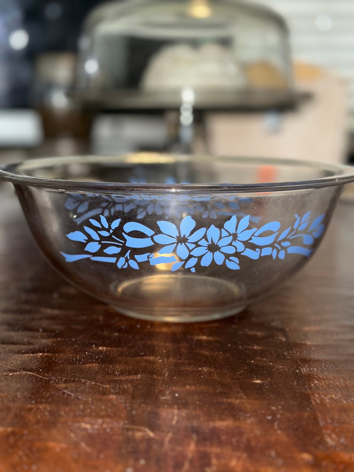 Vtg Pyrex Clear Glass with blue Flowers