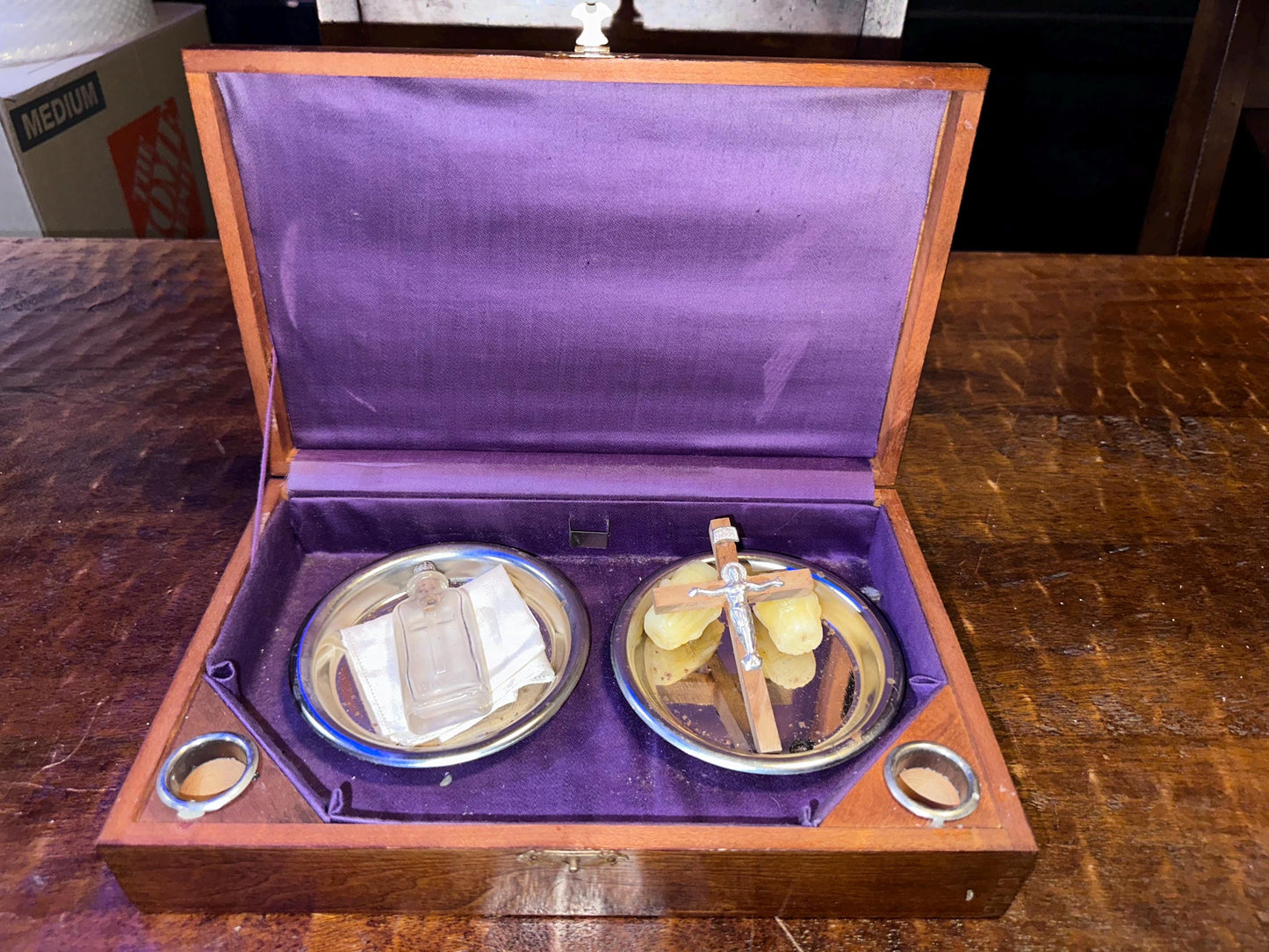 Vintage Last Rites Sick Call Set Catholic Priest Hinged Wooden Box Traveling